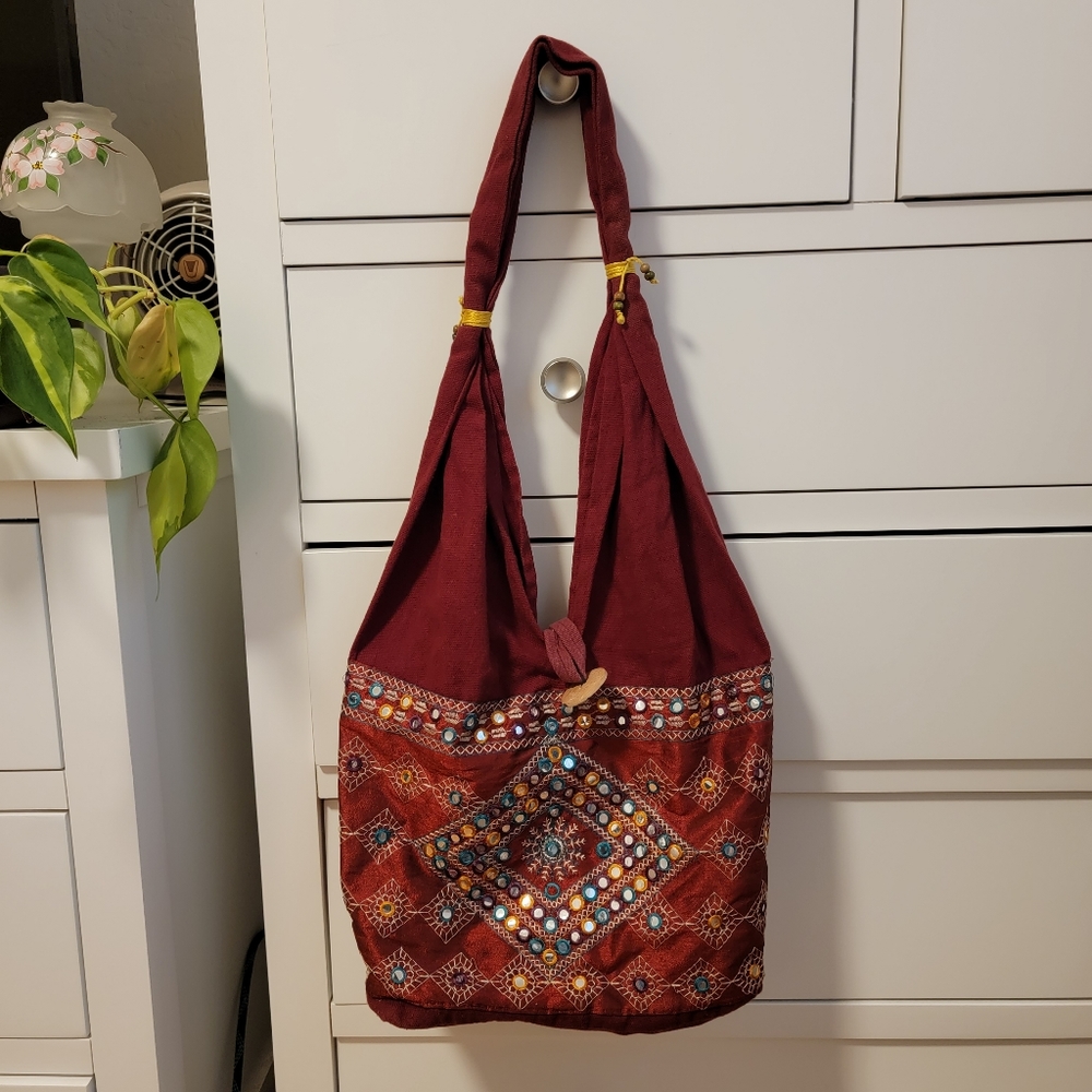 Beautiful Burgundy Red Boho Hippie Tibetan Indian Tote Bag Purse Mirror Accents